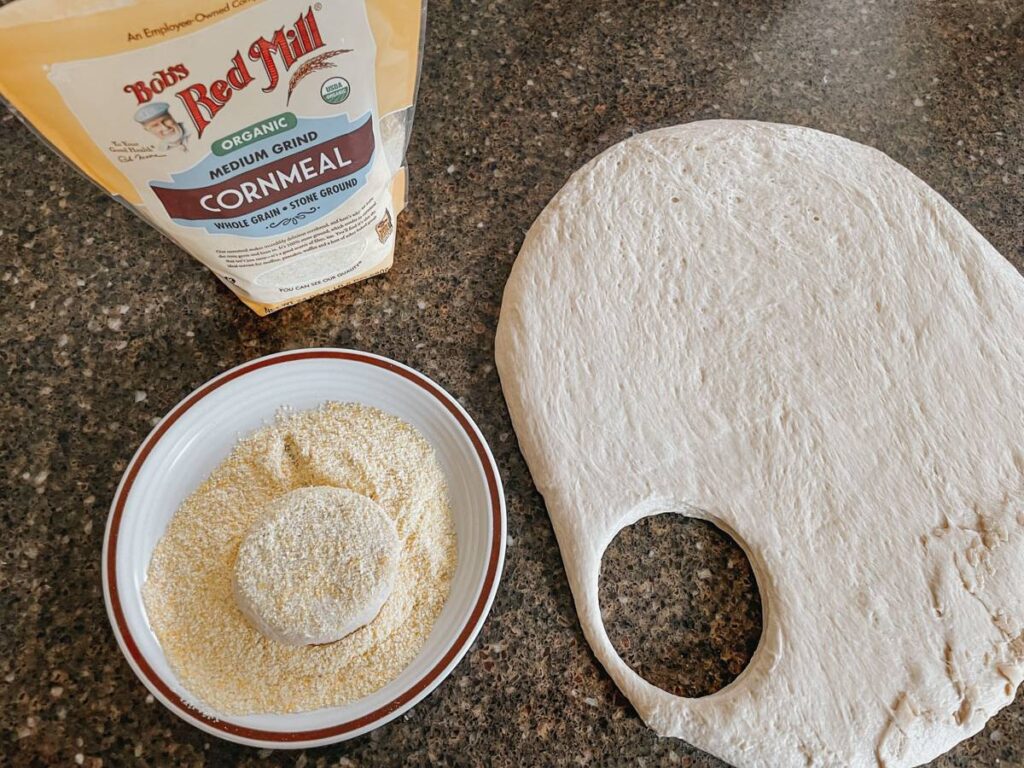 sourdough english muffin dough being cut into circles and coated with cornmeal