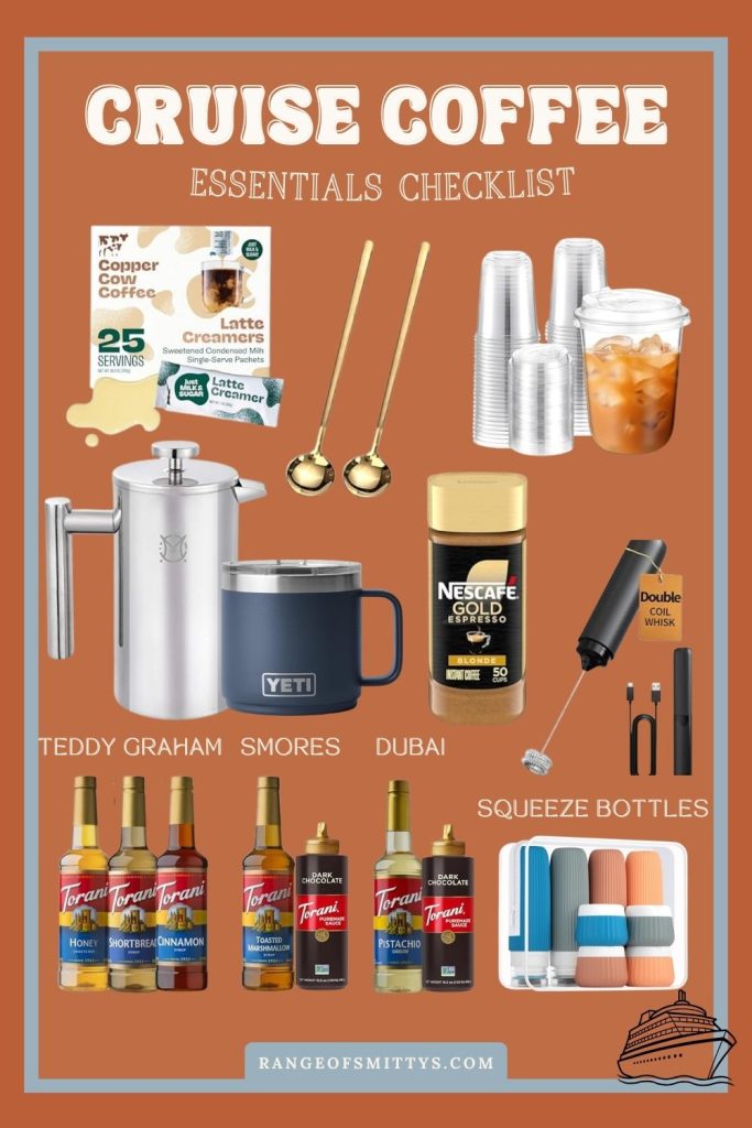 Cruise Coffee Hacks Every Coffee Lover Needs to Know Pinterest graphic featuring cruise coffee hacks including French press coffee, iced coffee tips, coffee syrups, creamer alternatives, and travel coffee essentials.